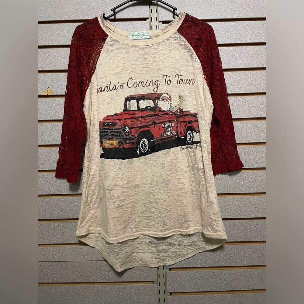 Southern Grace Long Sleeve “Santa claus Is Coming To Town” T Shirt Large Red Tru